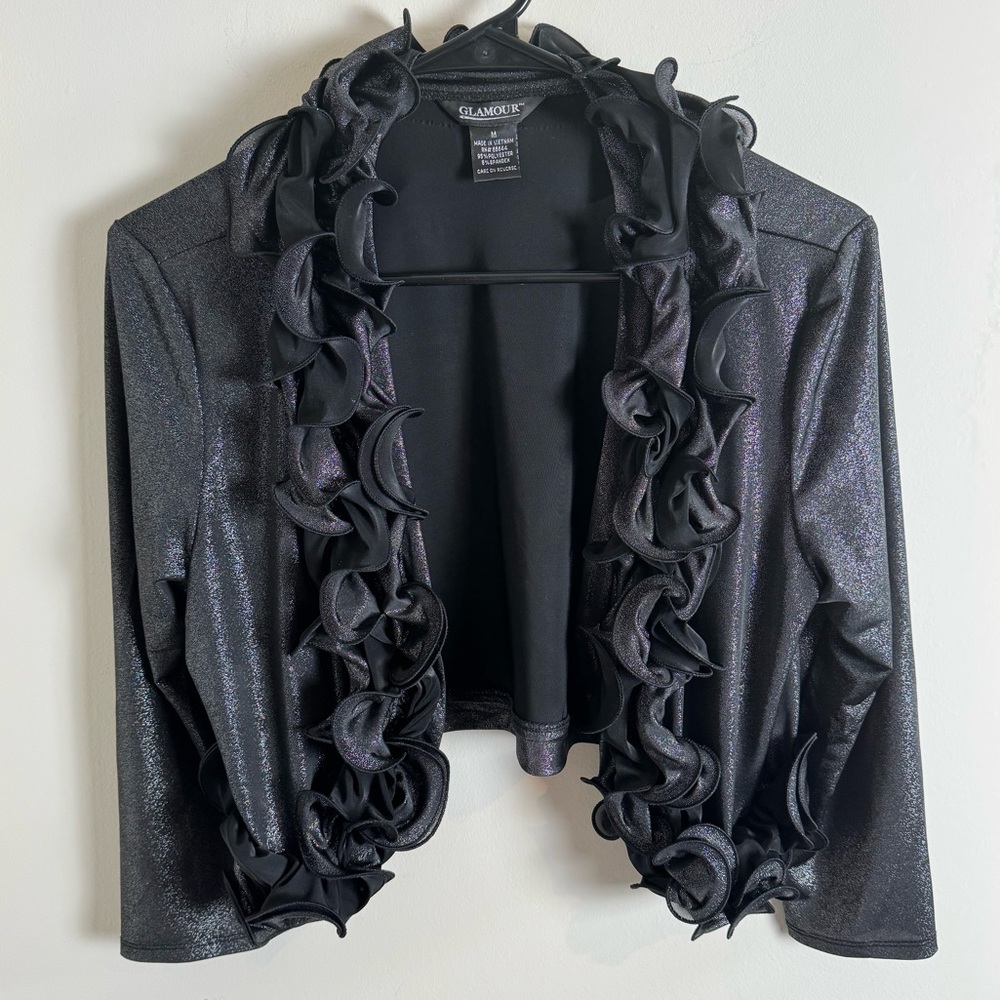 Vintage Y2K Glamour Cropped Ruffle Trim Metallic Shimmer Black Bolero M